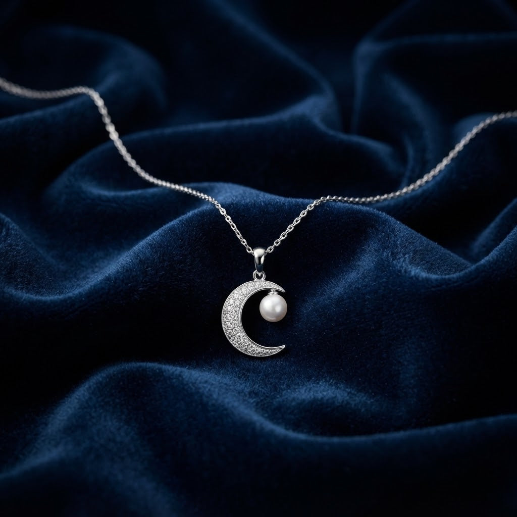 Crescent Moon Pearl Pendant Necklace