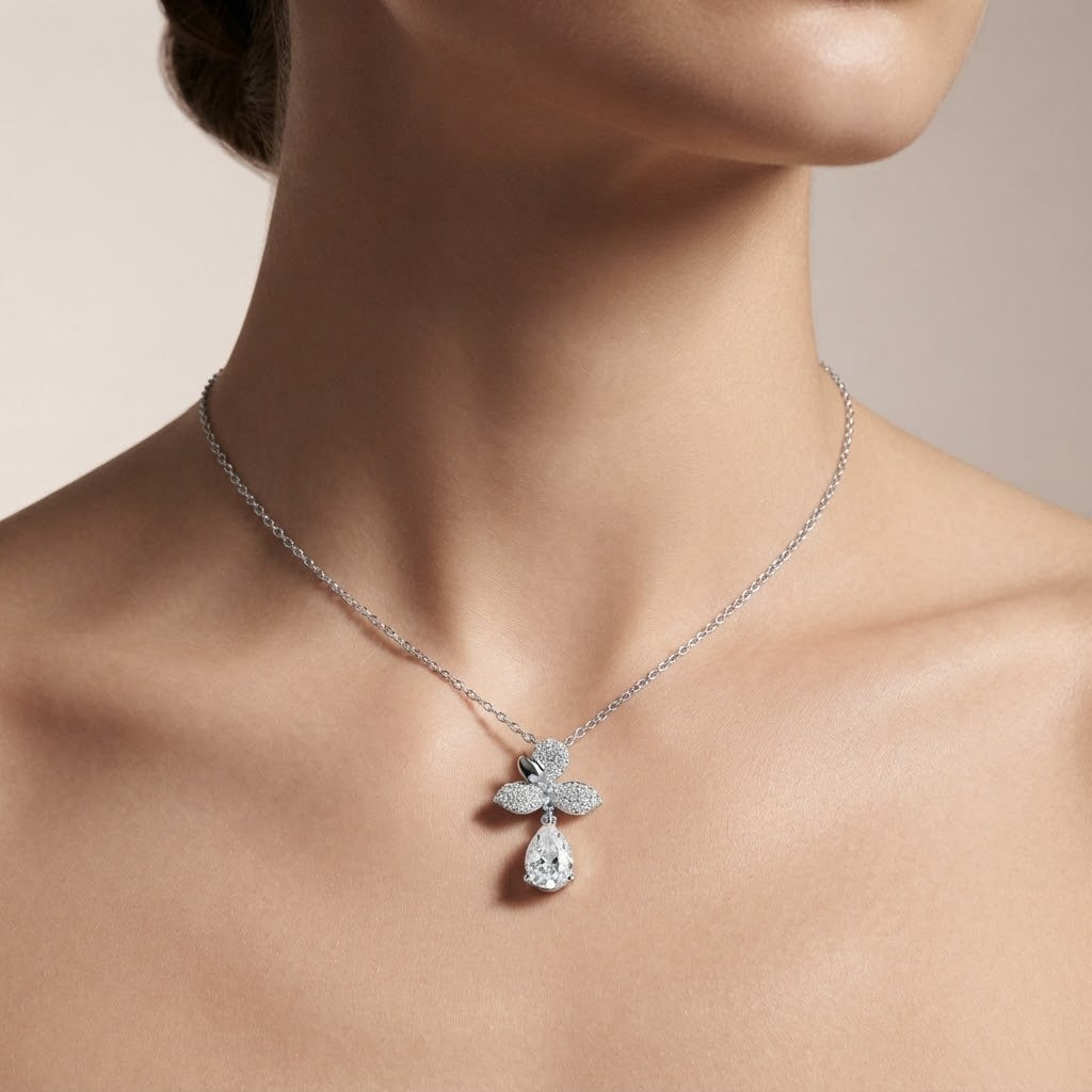 Floral Pear Drop Pavé Pendant Necklace