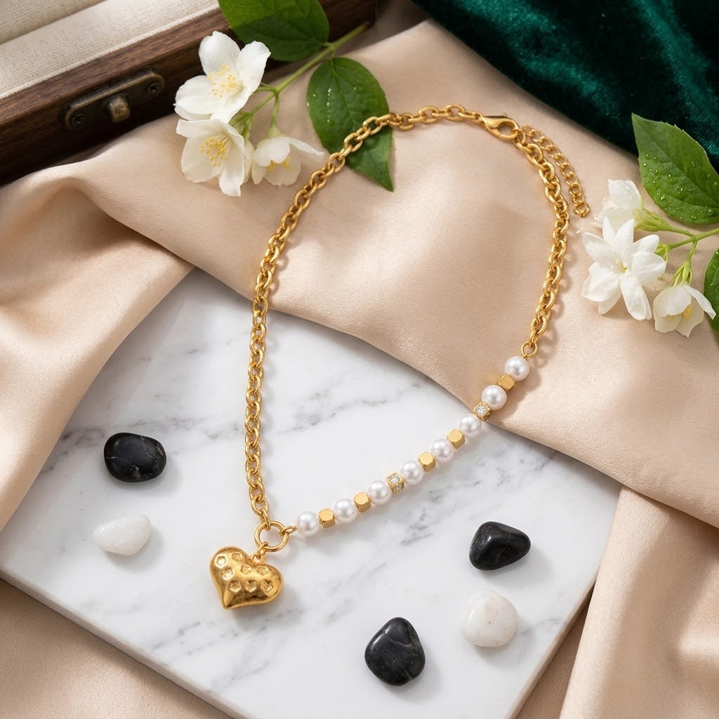 Pearl & Gold Hammered Heart Necklace