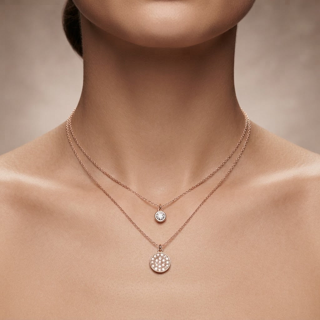 Rose Gold Layered Solitaire & Pavé Disc Necklace Set