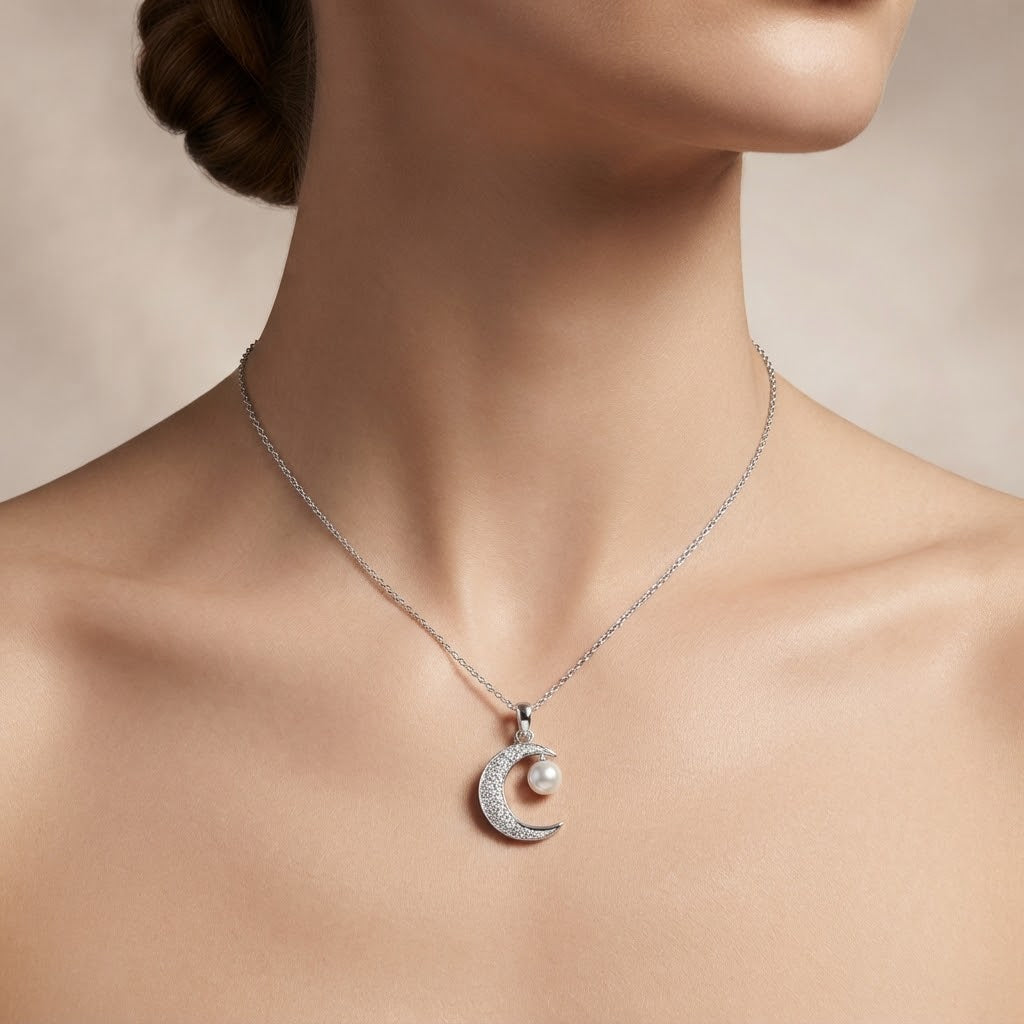 Crescent Moon Pearl Pendant Necklace