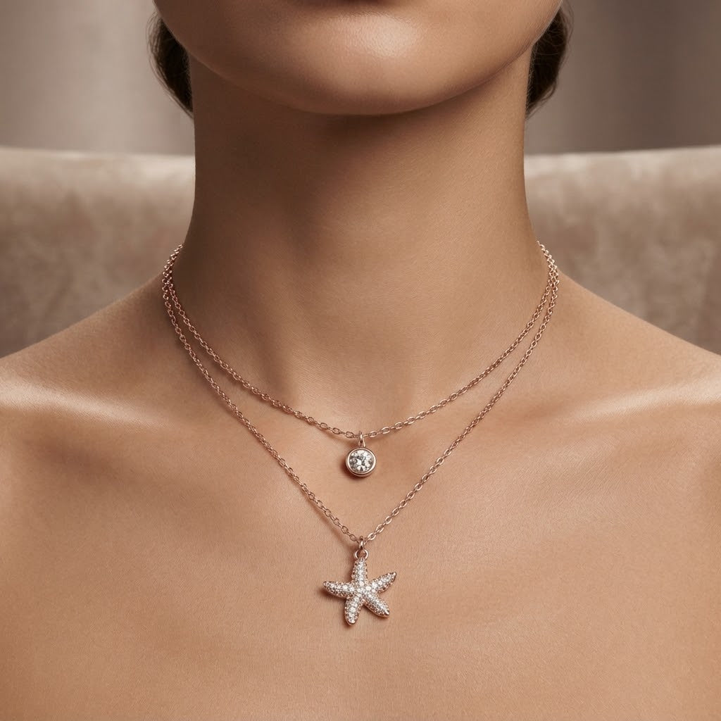 Rose Gold Layered Solitaire & Starfish Necklace Set