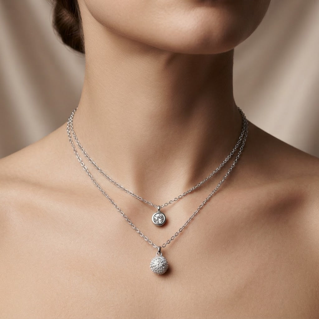 Solitaire & Pavé Ball Layered Necklace Set