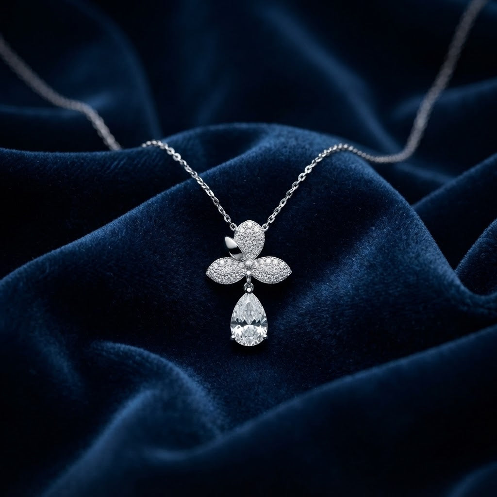 Floral Pear Drop Pavé Pendant Necklace