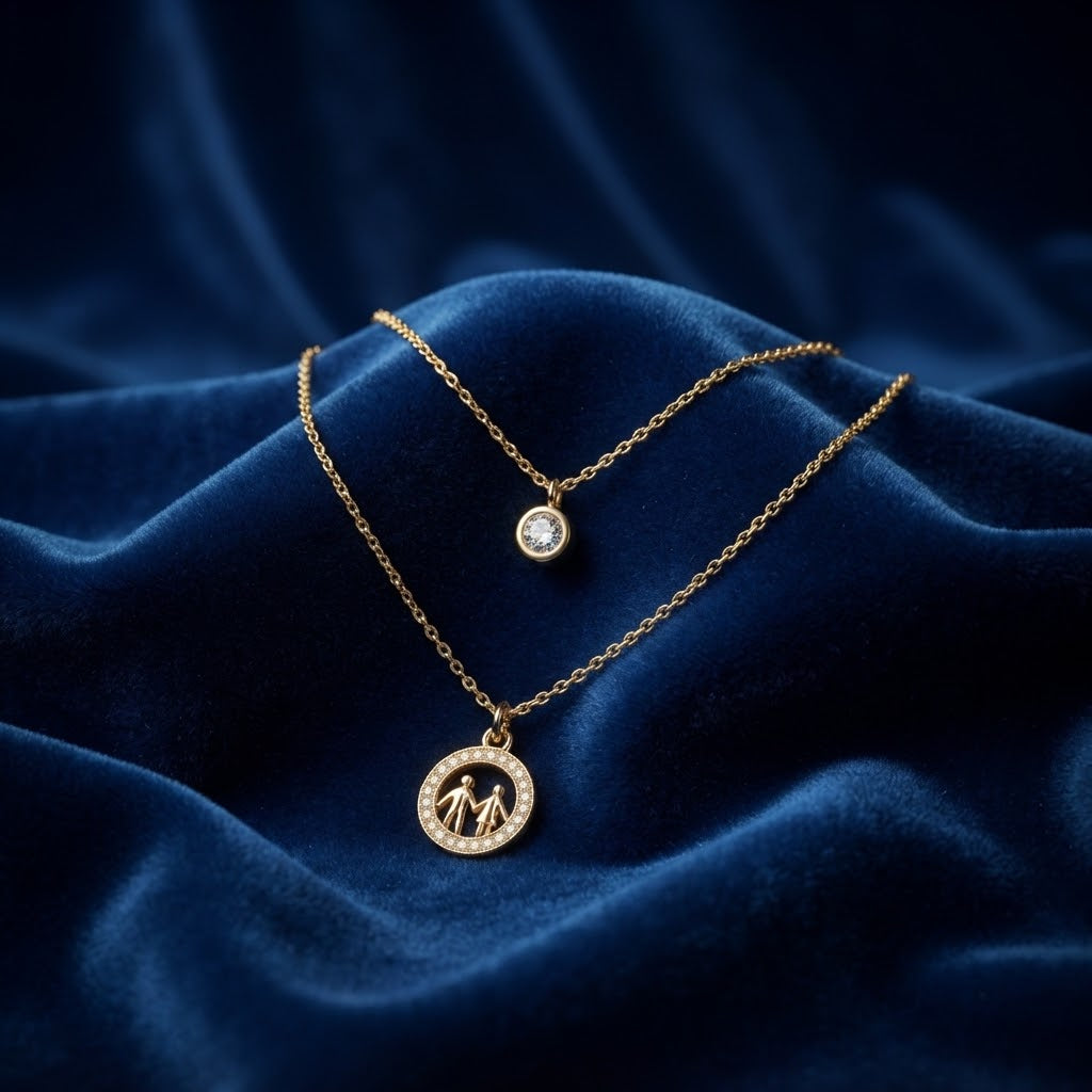 Gold Layered Solitaire & Family Circle Necklace Set