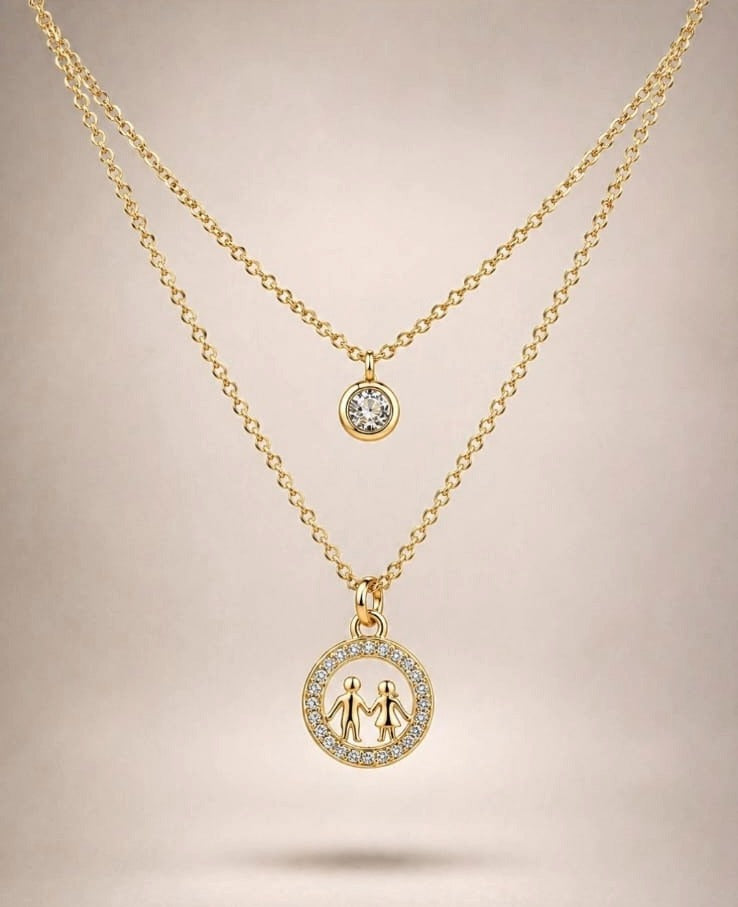 Gold Layered Solitaire & Family Circle Necklace Set