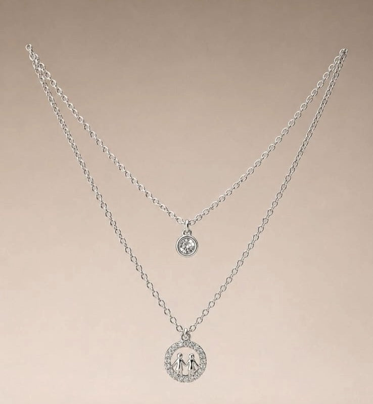Silver Layered Solitaire & Family Circle Necklace Set