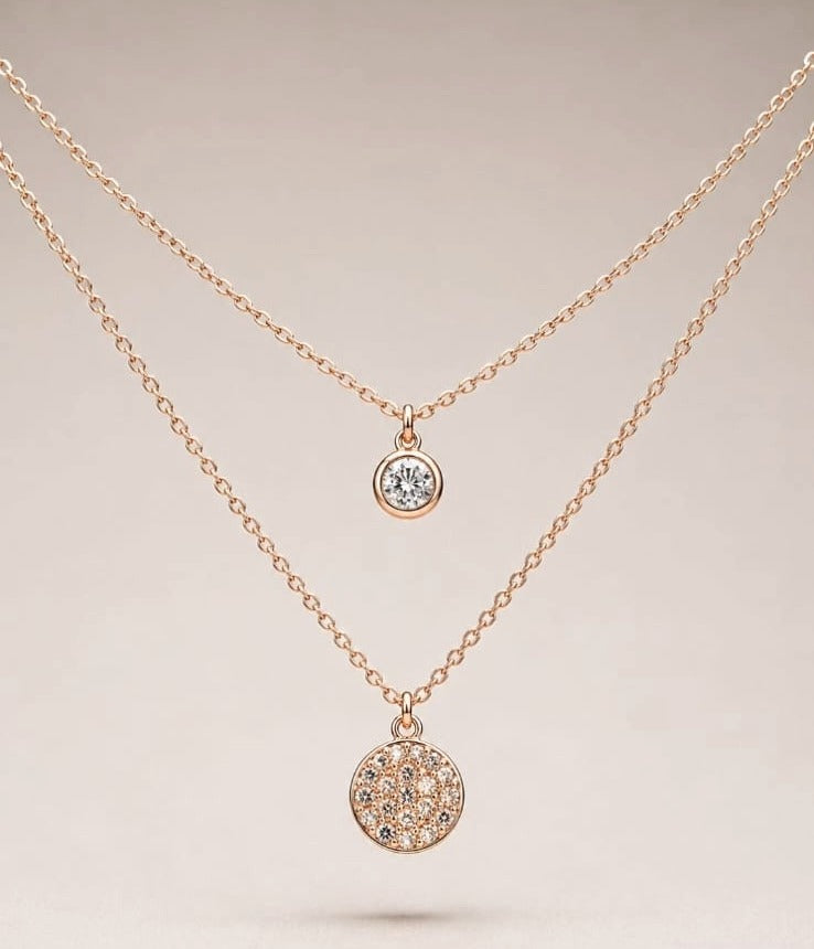 Rose Gold Layered Solitaire & Pavé Disc Necklace Set