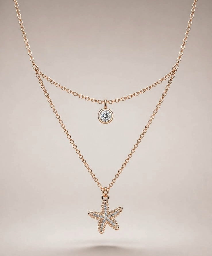 Rose Gold Layered Solitaire & Starfish Necklace Set