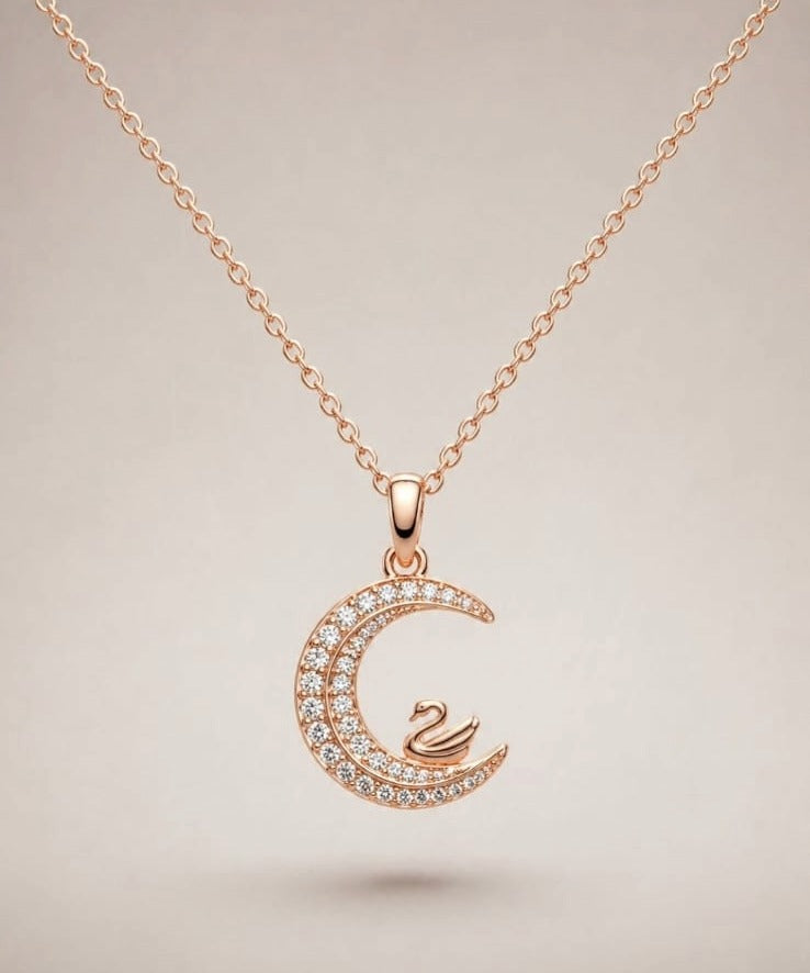 Rose Gold Crescent Moon Swan Pendant Necklace
