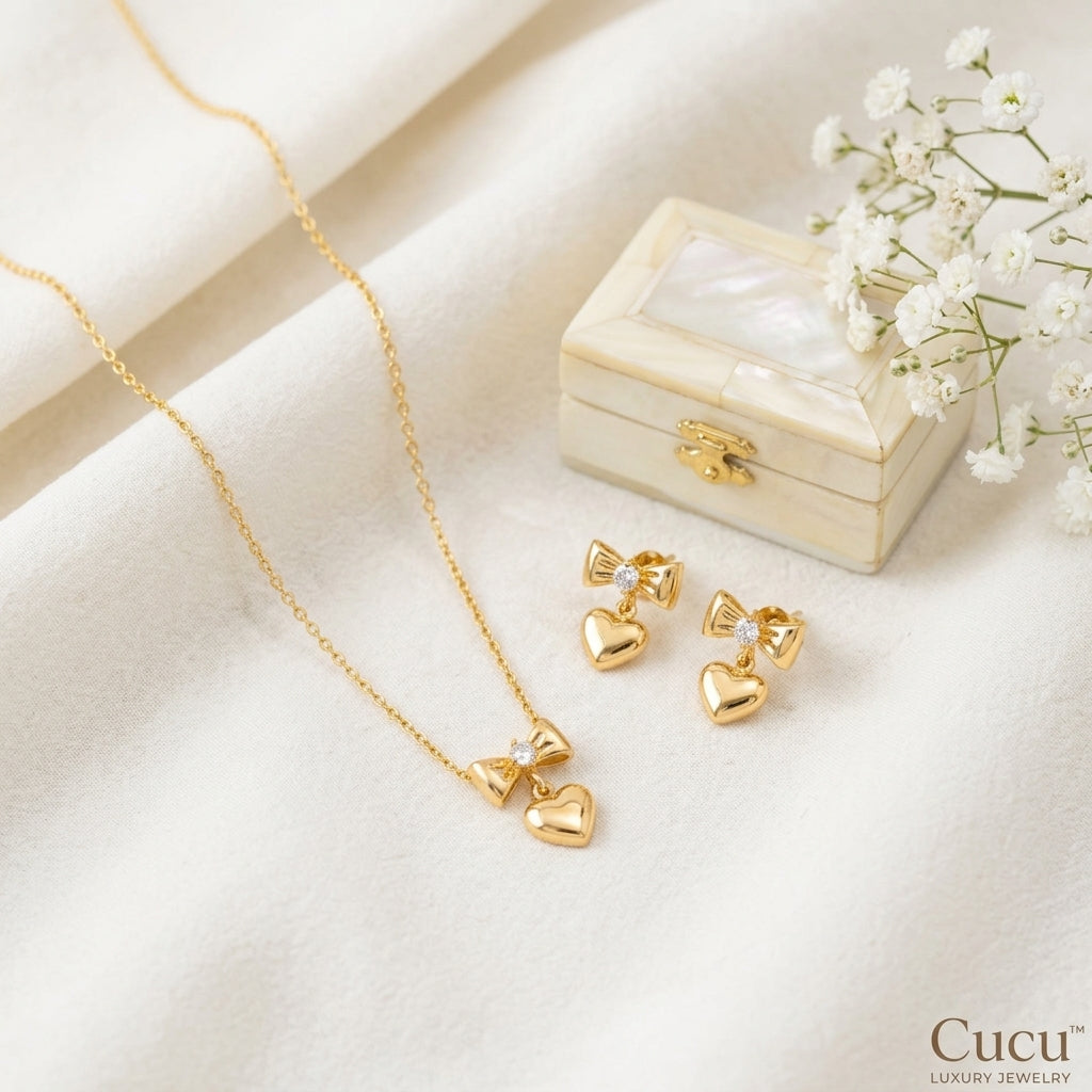 Bow & Heart Drop Necklace and Earrings Set