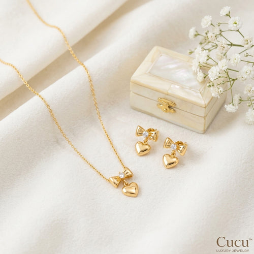 Bow & Heart Drop Necklace and Earrings Set