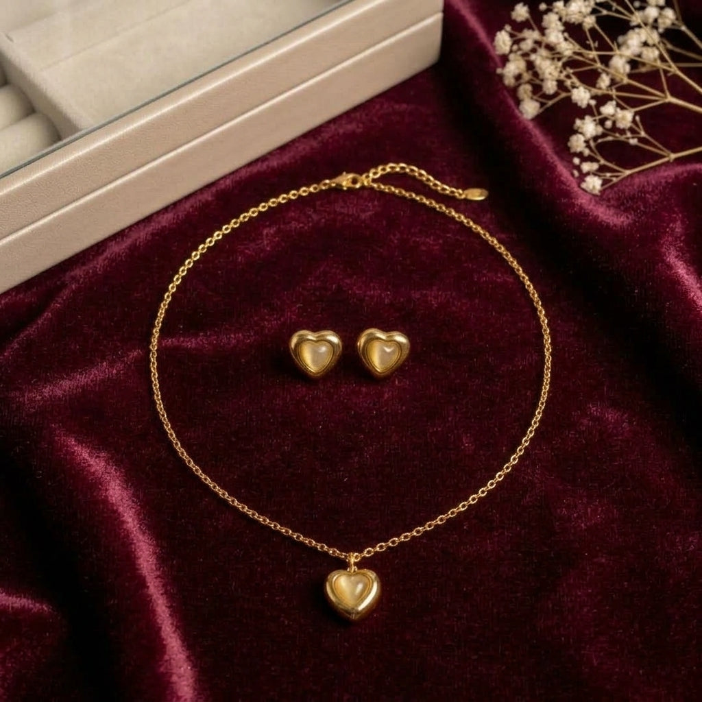 Heart Pendant Necklace & Stud Earrings Set