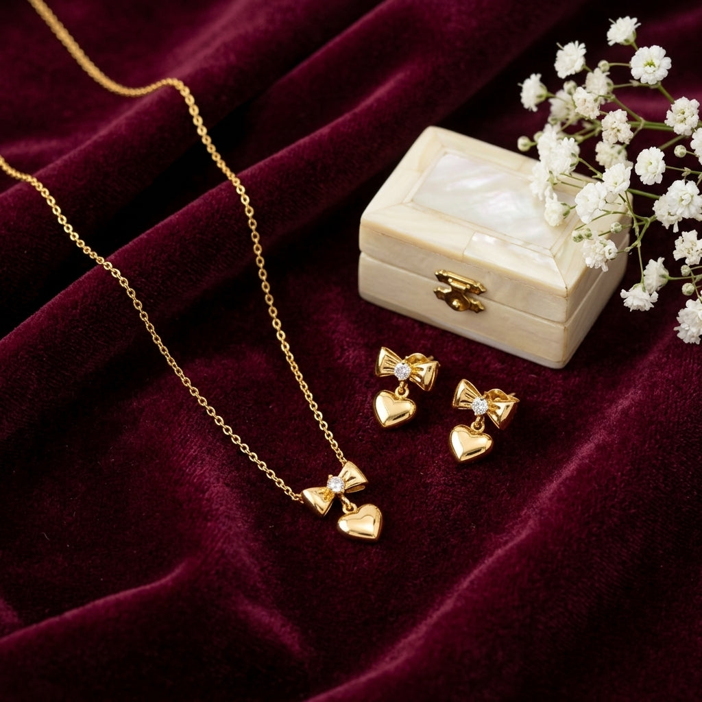 Bow & Heart Drop Necklace and Earrings Set