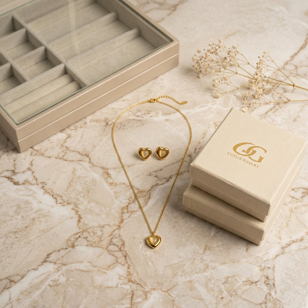 Heart Pendant Necklace & Stud Earrings Set