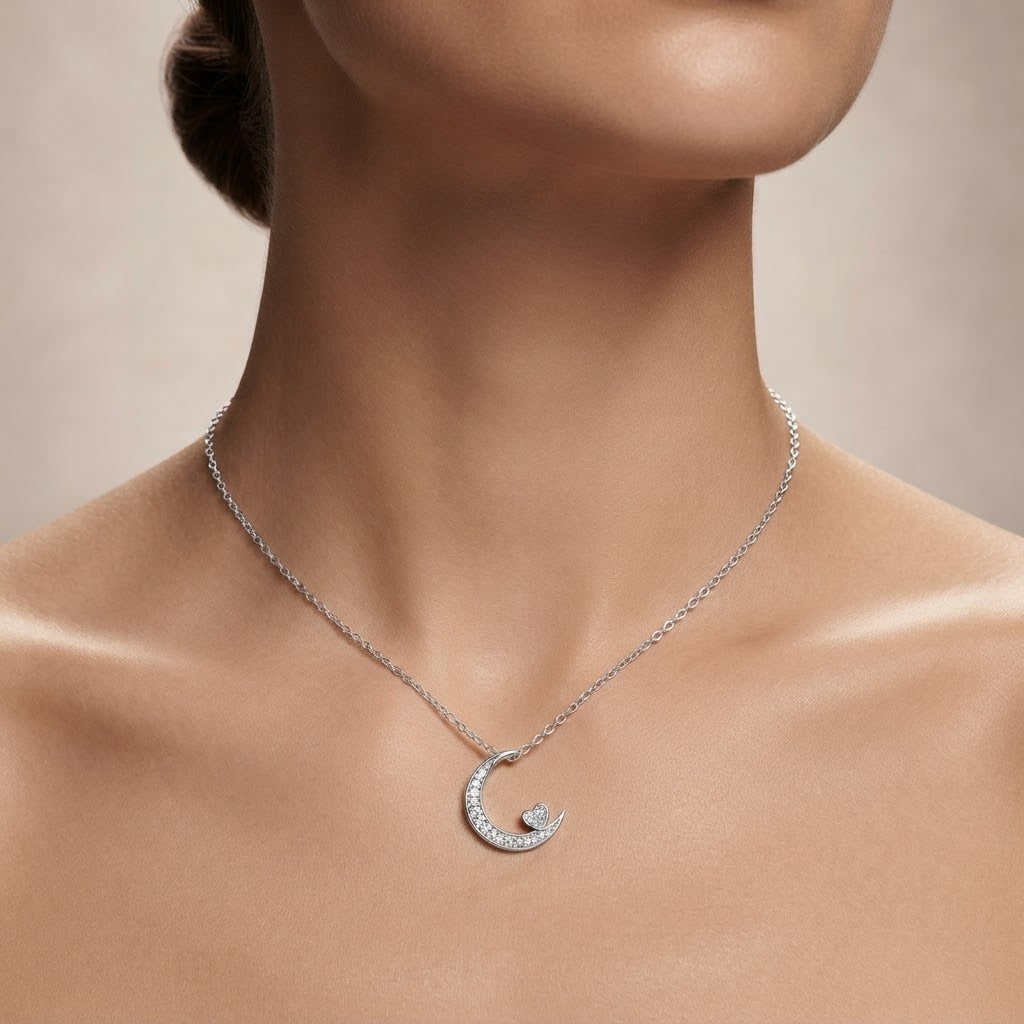Crescent Moon Heart Pendant Necklace