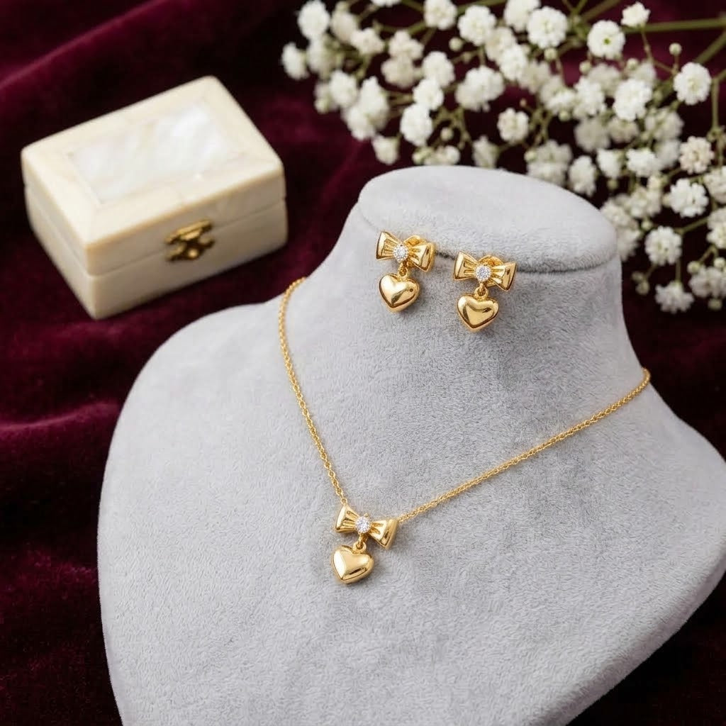 Bow & Heart Drop Necklace and Earrings Set