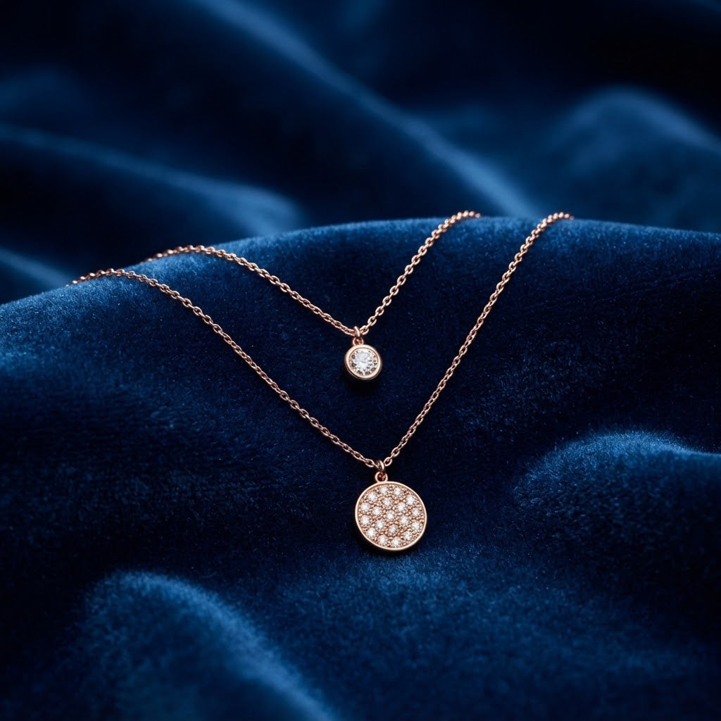 Rose Gold Layered Solitaire & Pavé Disc Necklace Set