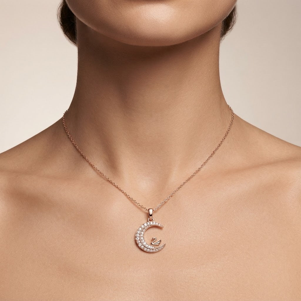 Rose Gold Crescent Moon Swan Pendant Necklace