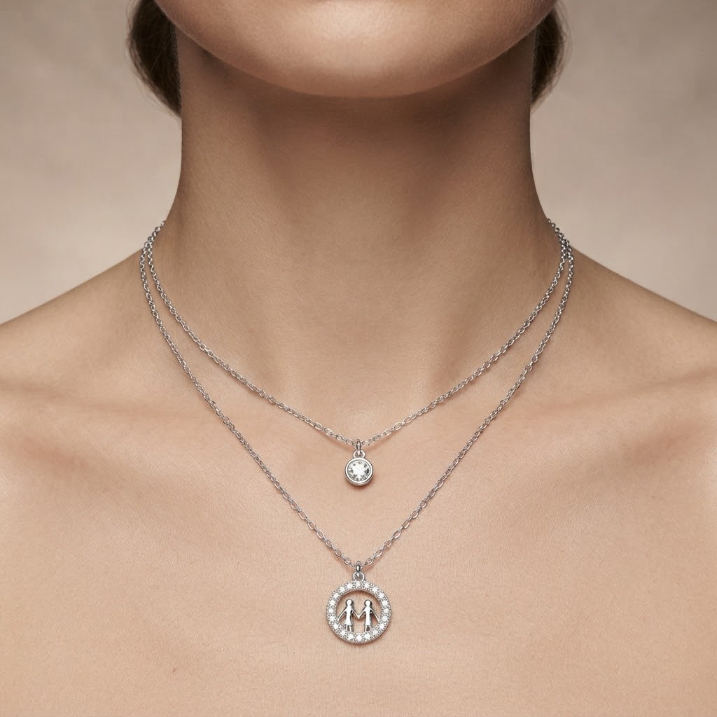 Silver Layered Solitaire & Family Circle Necklace Set