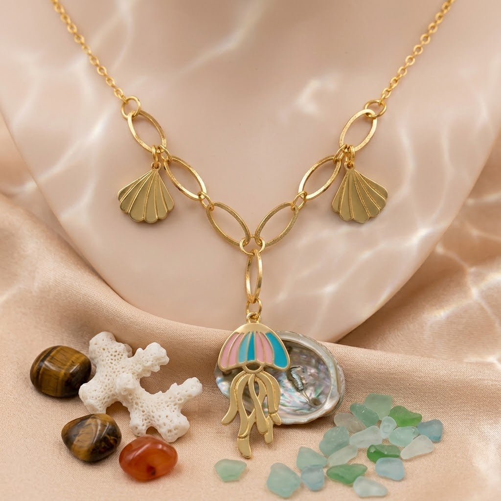 Golden Jellyfish & Seashell Necklace