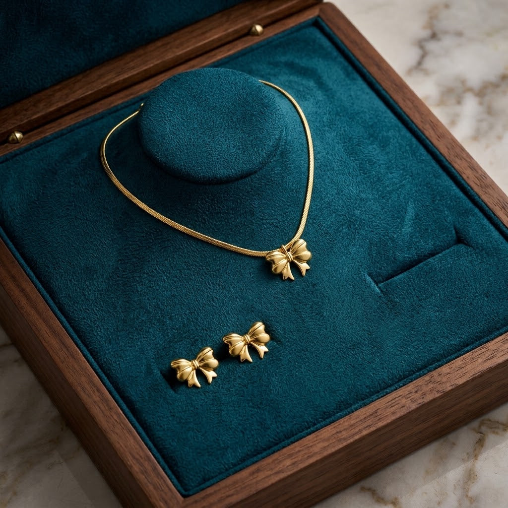 Gold Bow Pendant Necklace & Stud Earrings Set