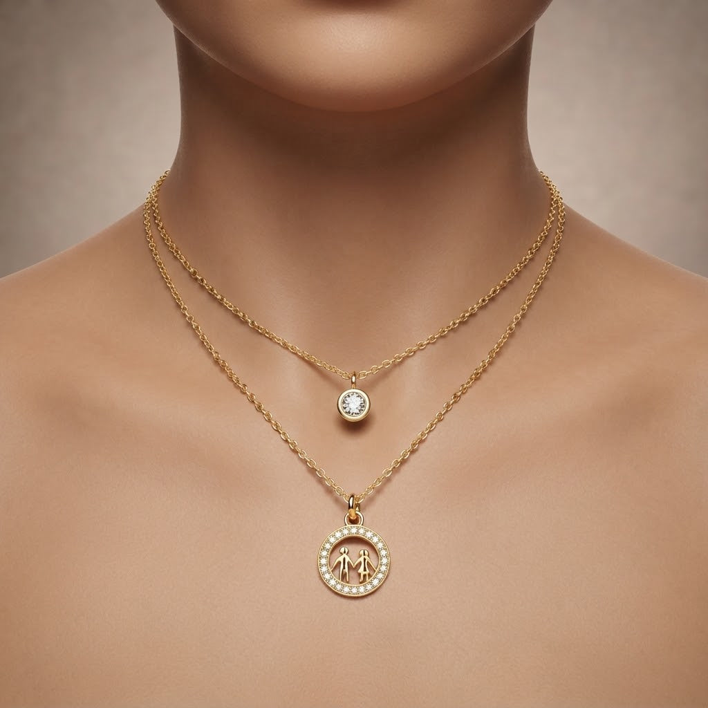 Gold Layered Solitaire & Family Circle Necklace Set