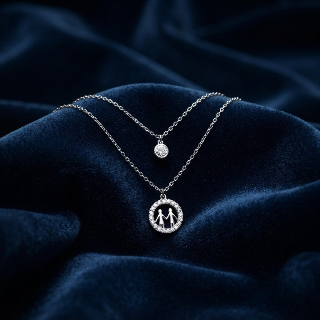 Silver Layered Solitaire & Family Circle Necklace Set