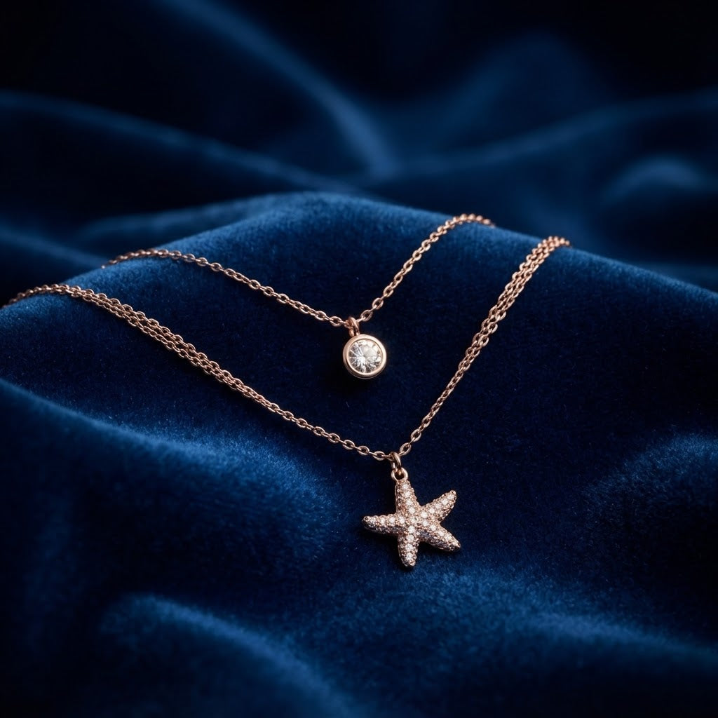 Rose Gold Layered Solitaire & Starfish Necklace Set