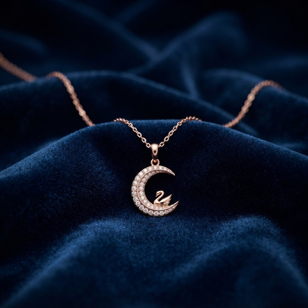 Rose Gold Crescent Moon Swan Pendant Necklace