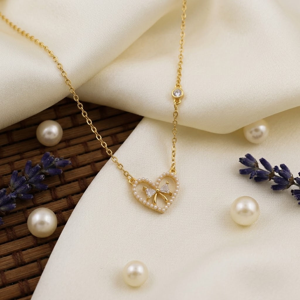 Pearl Bow Heart Necklace